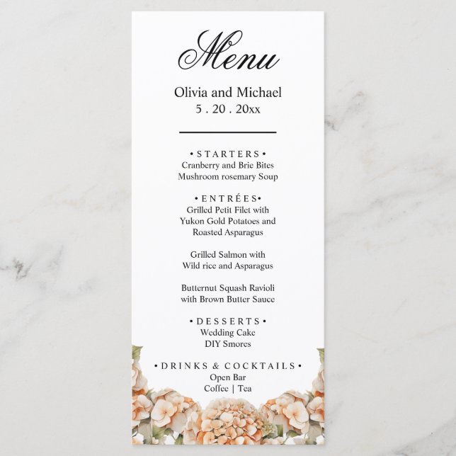 Elegant vit grönt orange med vattenfärgsfärg blomm meny (Framsida)