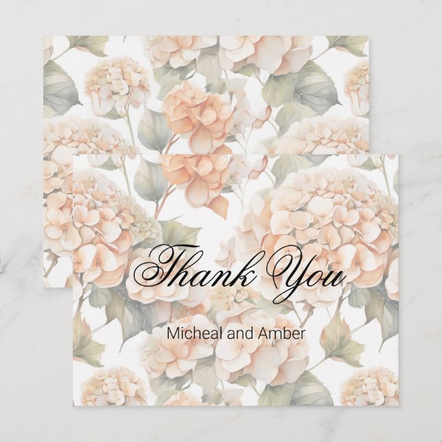 Elegant vit grönt orange med vattenfärgsfärg blomm tack kort (Fram/baksida)