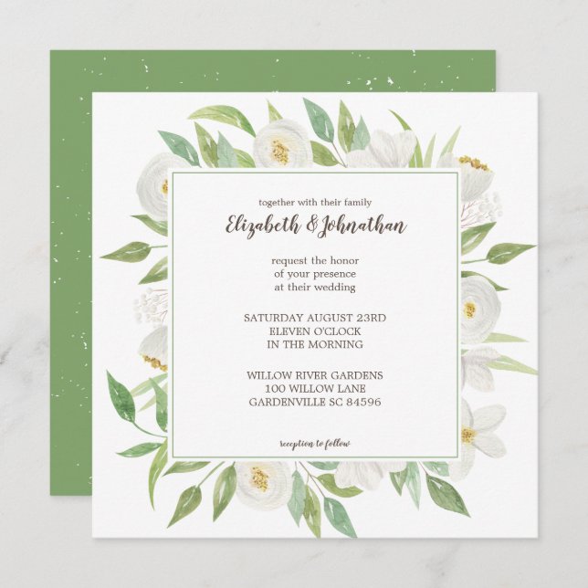 Elegant Vit & Grönt Vattenfärgad Blommigt Bröllop Inbjudningar (Fram/baksida)