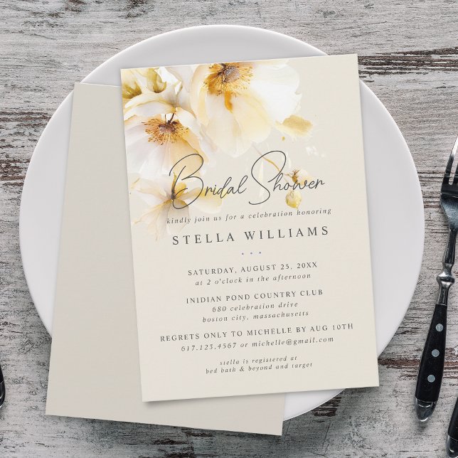 Elegant vit gul guld blomma bröllopsdusch inbjudningar (Elegant White Yellow Gold Flower Bridal Shower Invitation)