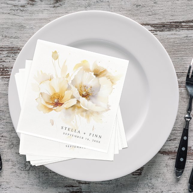 Elegant vit gul guld blomma bröllopspapper pappersservett (Elegant White Yellow Gold Flower Wedding Paper Napkins)