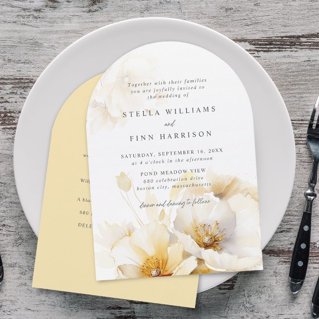 Elegant vit gul guld blommor detaljer bröllop inbjudningar (Elegant White Yellow Gold Flowers Details Wedding Invitation)