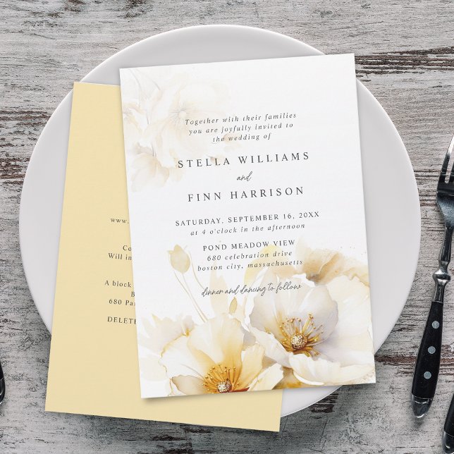 Elegant vit gul guld blommor detaljer bröllop inbjudningar (Elegant White Yellow Gold Flowers Details Wedding Invitation)