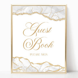 Elegant vit guld Agate gästbokssköld Poster