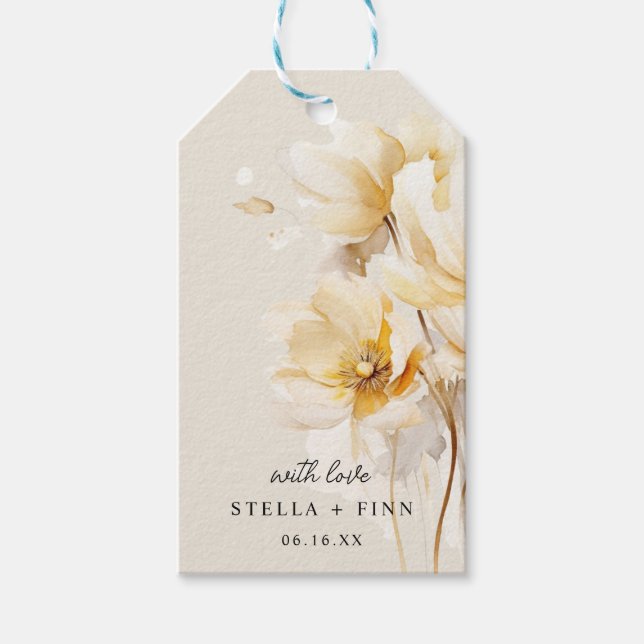 Elegant vit guld blomma bröllop dammig sand presentetikett (Framsidan)