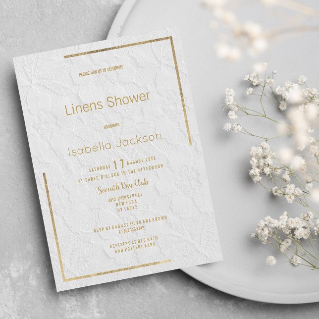 Elegant vit guld blommig spets Linens Shower  Inbjudningar (Elegant white gold floral lace Linens Shower )
