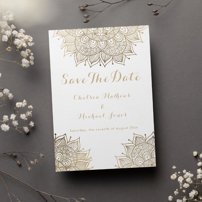 Elegant vit guld blommigt mandala Spara datum Inbjudningar (Elegant white gold floral mandala Save The Date Invitation )