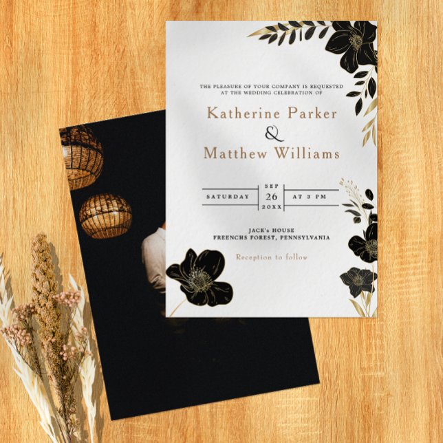 Elegant Vit & Guld Blommigt - minimalistiskt foto Inbjudningar (Elegant White & Gold Floral minimalist Photo Invitation)