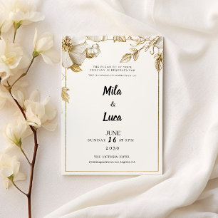 Elegant vit guld blommor typografi Bröllop Inbjudningar
