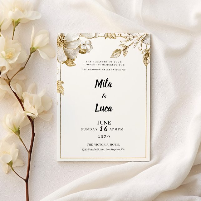 Elegant vit guld blommor typografi Bröllop Inbjudningar (Elegant white gold flowers typography Wedding )