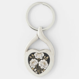 Elegant vit & guld blomros hjärtnyckel – Lyx Twisted Heart Silverfärgad Nyckelring