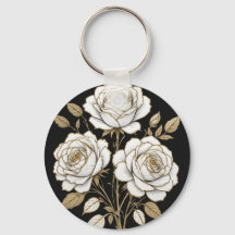 Elegant vit & guld blomros nyckelring – Lyx