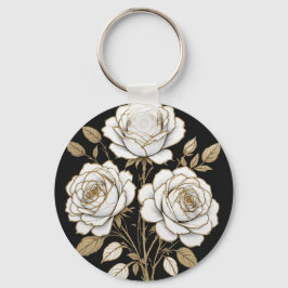 Elegant vit & guld blomros nyckelring – Lyx