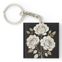 Elegant vit & guld blomros nyckelring – Lyx