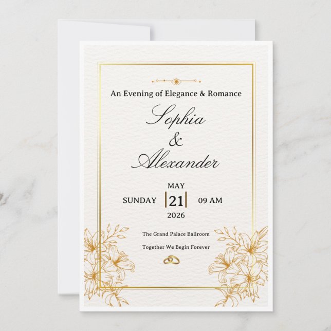 Elegant vit & guld bröllopsinbjudan mall | (Framsida)