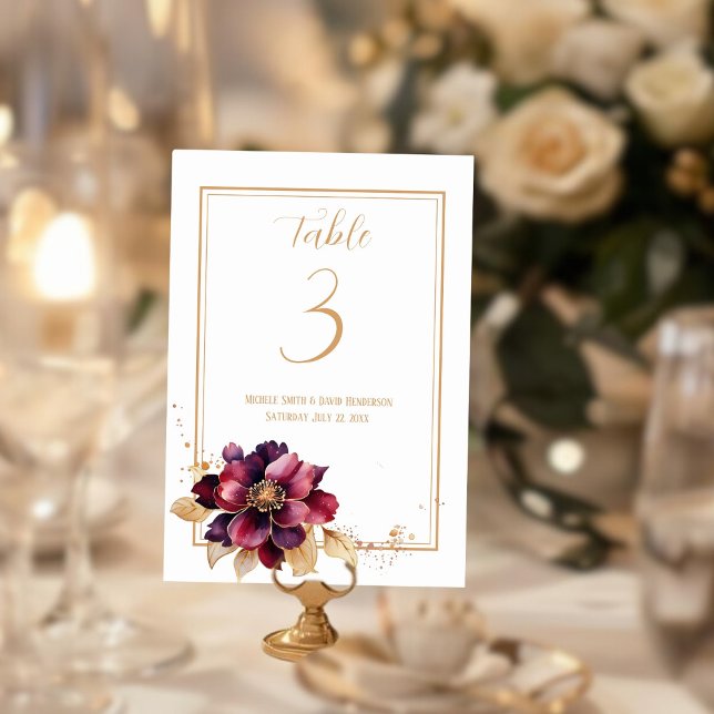 Elegant vit guld burgundisk dubbla vid sidan bordsnummer (Elegant white gold burgundy double sided table number)