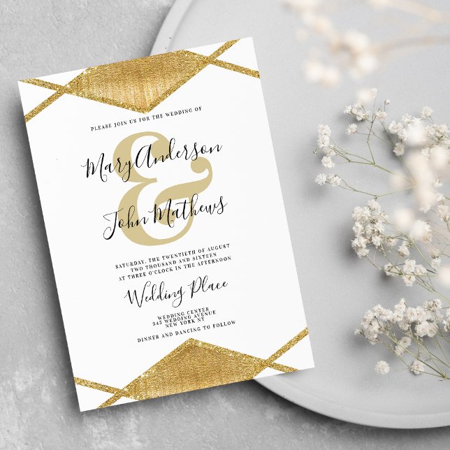 Elegant, vit guld-diamantform, Bröllop Inbjudningar (Elegant white gold diamond shape ampersand Wedding )