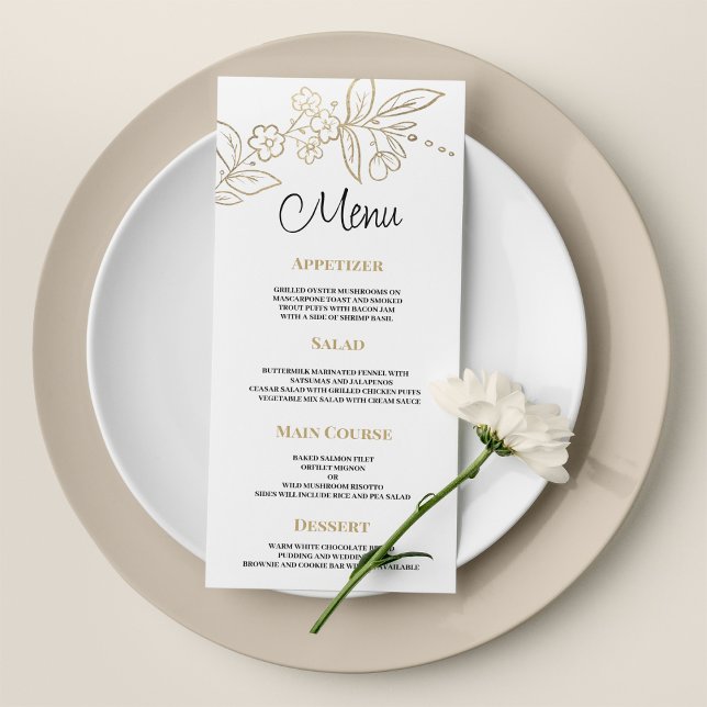 Elegant vit guld, enkel blommigt Bröllop-meny Program (Elegant white gold simple floral Wedding Menu)