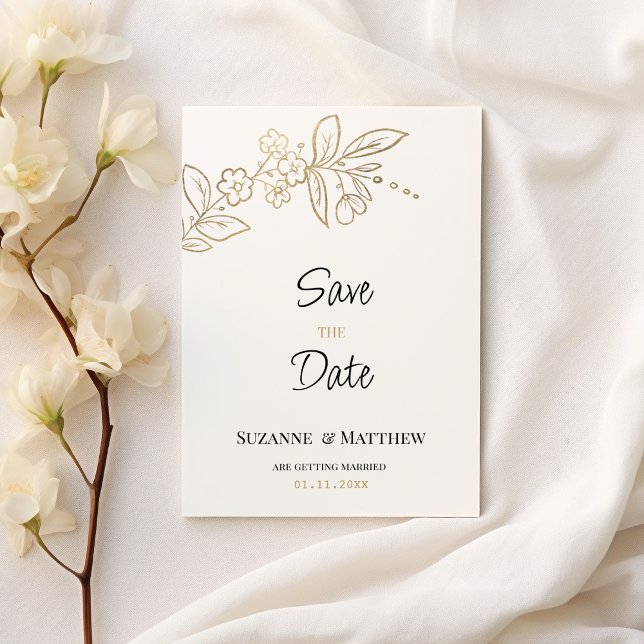 Elegant vit guld enkel blommigt Spara datum Inbjudningar (Elegant white gold simple floral Save the Date)