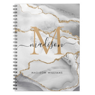 Elegant vit guld glitter agat monogram skriptnamn anteckningsbok