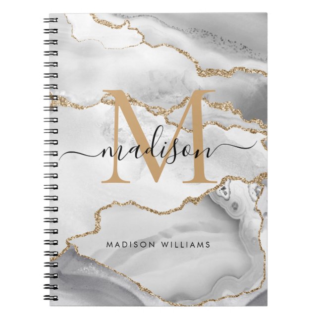 Elegant vit guld glitter agat monogram skriptnamn anteckningsbok (Framsidan)