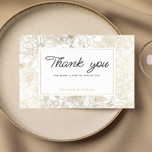 Elegant vit guld grå marmor blomster tack  inbjudningar (Elegant white gold gray marble floral Thank You )