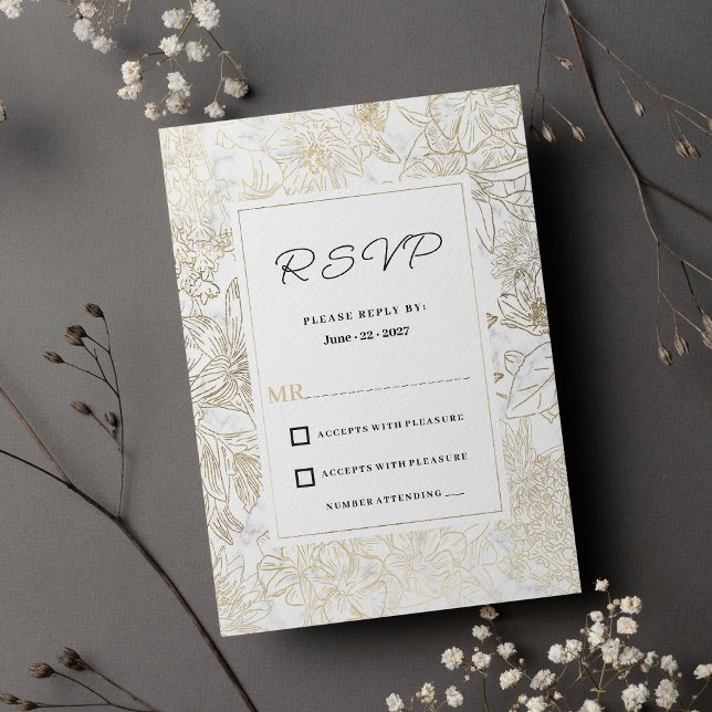 Elegant vit guld grått marble blommigt OSA Inbjudningar (Elegant white gold gray marble floral RSVP)