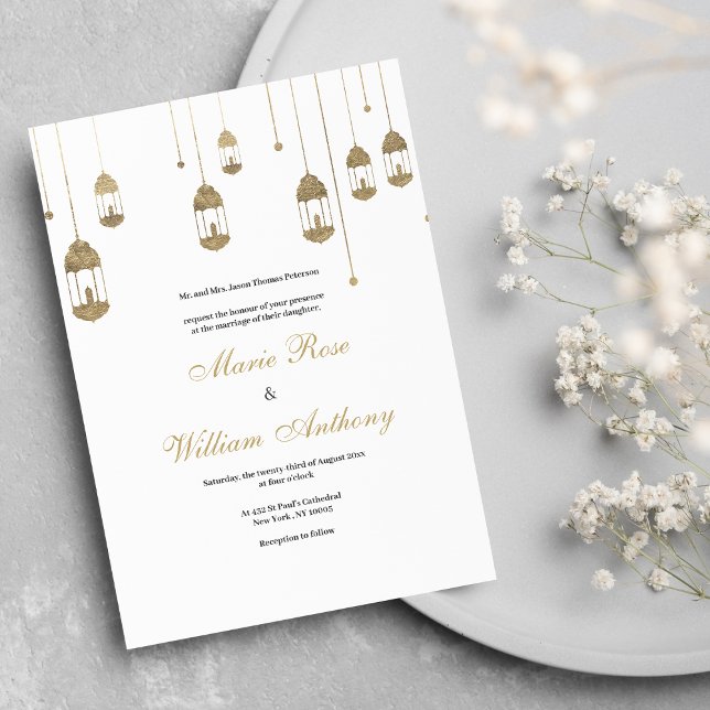 Elegant, vit guld-lantern ljus Bröllop Inbjudningar (Elegant simple white gold lantern lights Wedding )