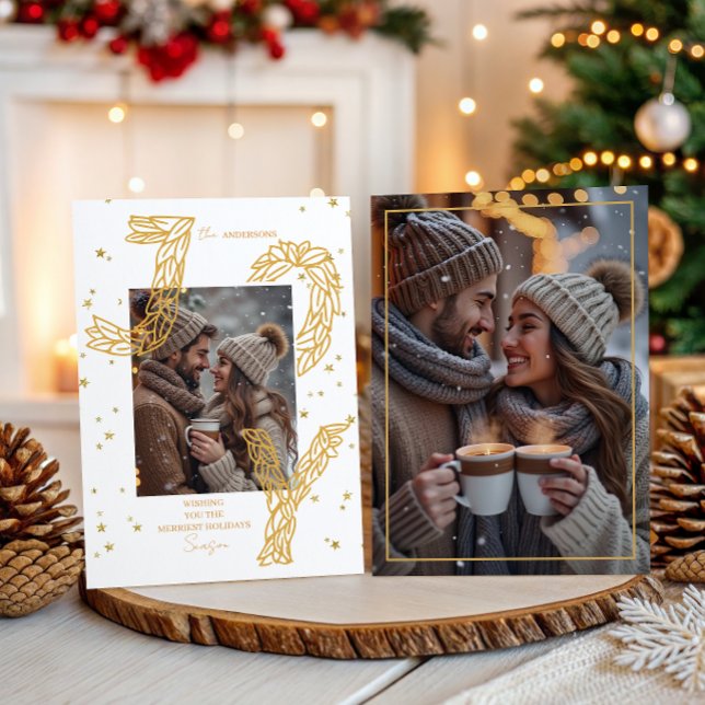 Elegant vit & guld Laurbär Glädje Foto Julkort (Elegant White & Gold Laurel Joy Photo Holiday Card)