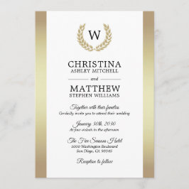 Elegant vit guld laurbär monogram bröllop inbjudningar