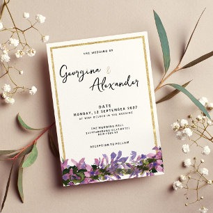 Elegant vit guld lila rosa grön blomsterbröllop inbjudningar