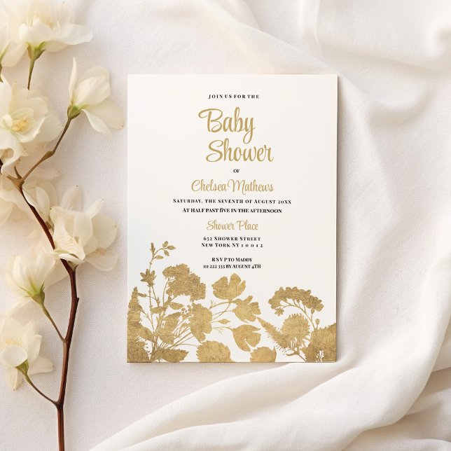 Elegant vit guld-lyxblomma babyskor inbjudan vykort (Elegant white gold wildflower luxury Baby Shower )