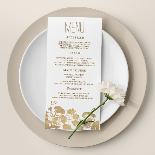 Elegant, vit guld-lyxblomma, Bröllop Menu Program (Elegant white gold wildflower luxury Wedding Menu)