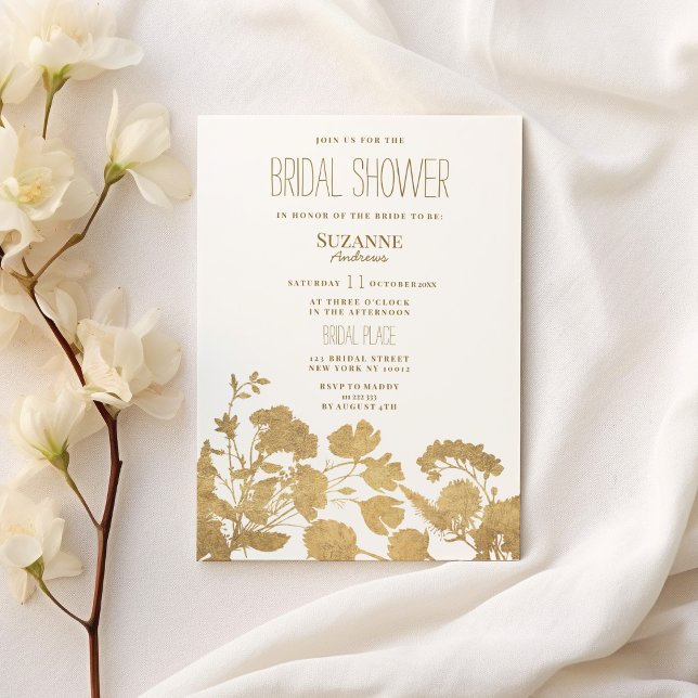 Elegant vit guld-lyxblomma, Möhippa Inbjudningar (Elegant white gold wildflower luxury Bridal Shower)