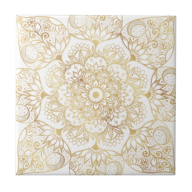 Elegant vit guld Mandala Blommig  Kakelplatta (Framsidan)