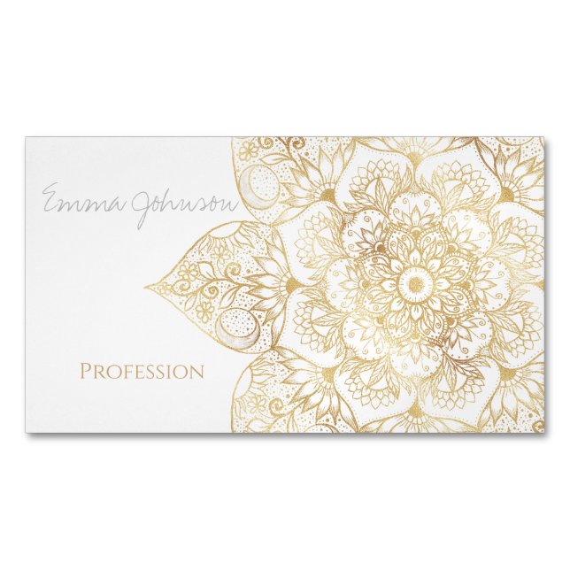 Elegant vit guld Mandala Blommig  Magnetiska Visitkort (Framsida)