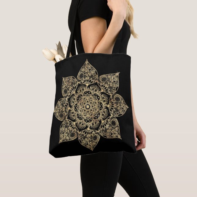 Elegant vit guld Mandala Blommig  Tygkasse (Närbild)