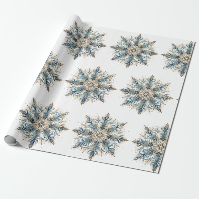 Elegant vit, guld och blå julinpackning  presentpapper (Utrullad)
