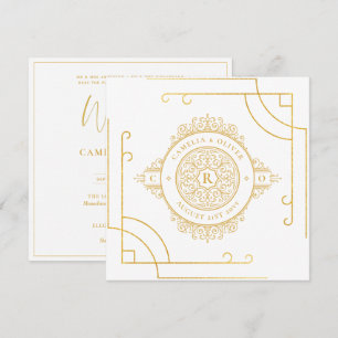 Elegant Vit Guld Ornate Square BRÖLLOP Classic Inbjudningar