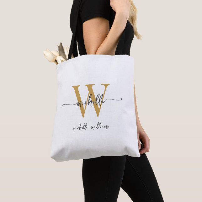 Elegant Vit Guld Tjej Anpassad Monogrammerad Tygkasse (Närbild)