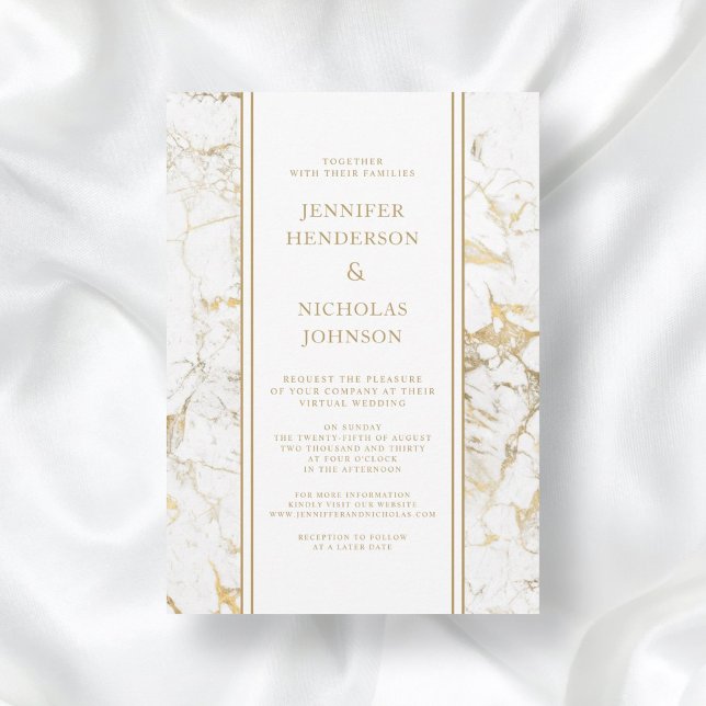 Elegant vit & guldmarmor virtuell bröllopsfest inbjudningar (Elegant White & Gold Marble Virtual Wedding Invitation)