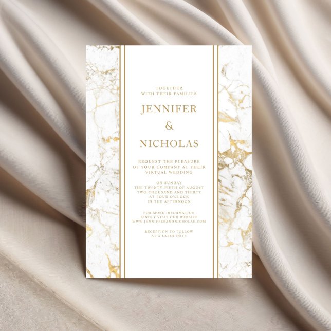 Elegant vit & guldmarmor virtuell bröllopsfest inbjudningar (Elegant White & Gold Marble Virtual Wedding Invitation)