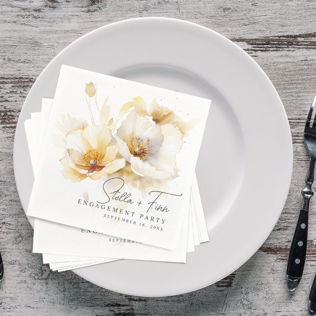 Elegant Vit Gult Guld Flower Förlovning Pappersservett (Elegant White Yellow Gold Flower Engagement Napkins)