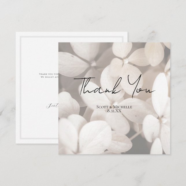 Elegant vit hortensia bröllops-tackkort tack kort (Fram/baksida)