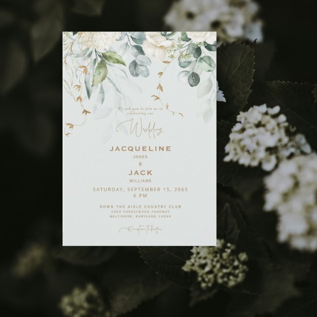 Elegant Vit Hydrangea Light Sage Bröllop Inbjudningar (Skapare uppladdad)