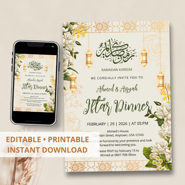 Elegant vit Jasmin Blommig Ramadan Iftar Inbjudningar (Skapare uppladdad)