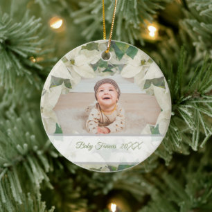 Elegant vit julstjärna baby-fotografi julgransprydnad keramik