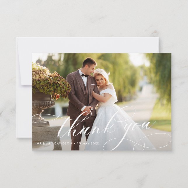 elegant, vit kalligrafi med bröllop-foto tack kort (Framsida)