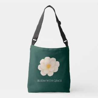 Elegant vit kamelia djupgrön botanisk blomning axelväska