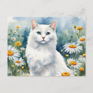 Elegant Vit Katt Akvarell med Margaretor Blommor Vykort